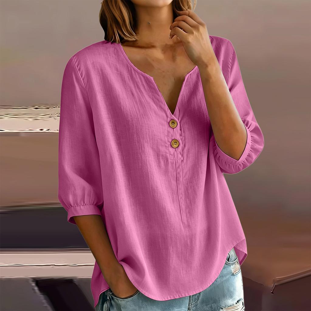 Women's Casual Linen Blend Henley Button Neck Shirt Three Quarter Sleeve Lightweight Loose Fit Top for Everyday Wear