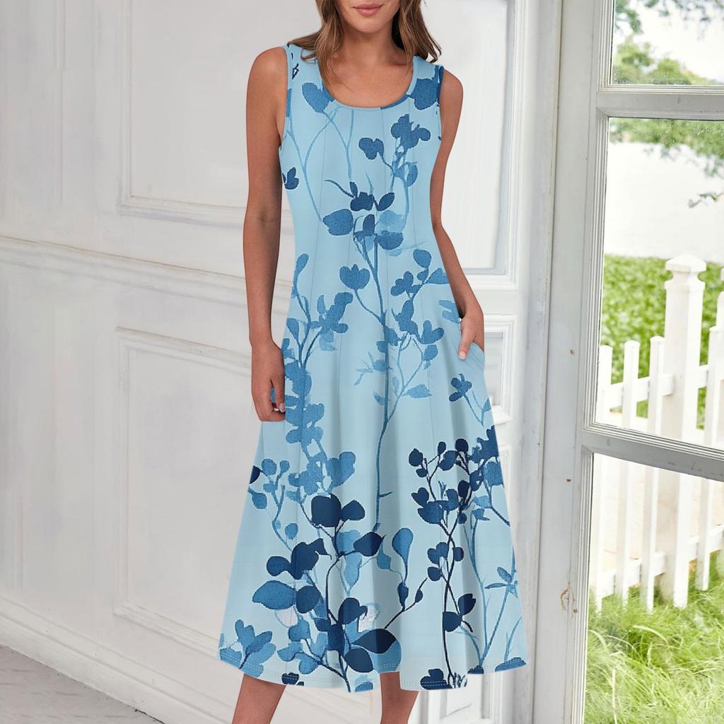 Women's Casual Fashion Floral Print Round Neck Sleeveless Midi Dress