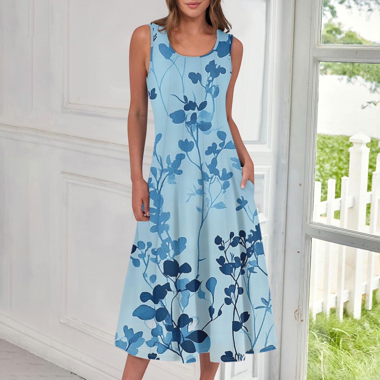 

Женское повседневное модное платье миди с цветочным принтом и круглым вырезом без рукавов XL