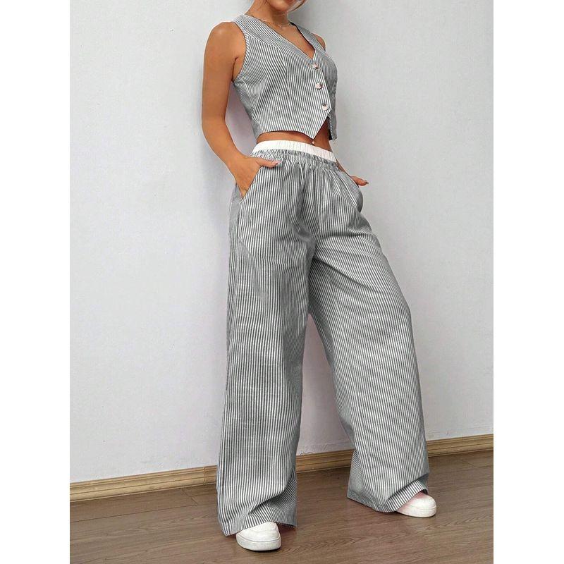 

Summer European and American Size Elegant Stripe Sleeveless V-neck Vest + Waist Contrast Color Trousers Two-piece Set Dark gray XL
