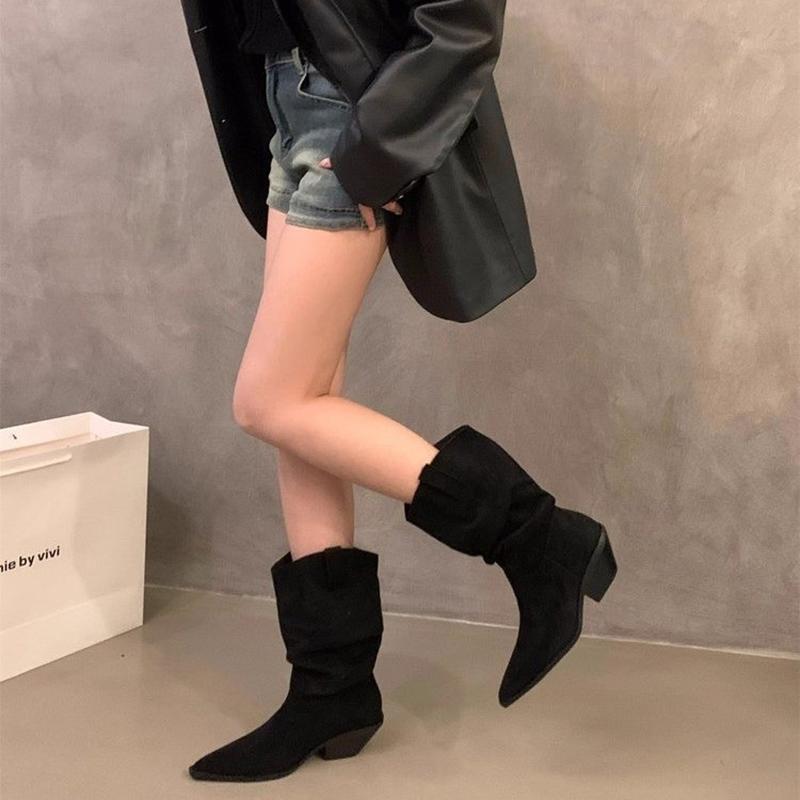 Vintage Thick Heel Pointed Toe Women Western Cowboy Boots Autumn Winter Ladies Shoes Elegant Slip On Mid Calf Booties