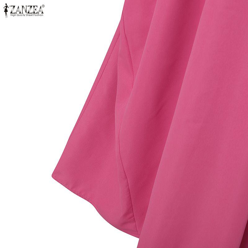 ZANZEA Women Round Neck Solid Color Long Sleeve Loose Casual Pleated Long Dress