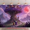 2D Purple Sky Red Moon Castle Tree Backdrop for Halloween & Fantasy Events