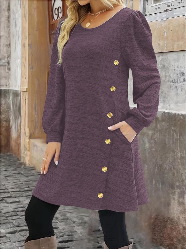 2025 Women's Solid Color Crew Neck Long Sleeve Dress with Pockets and Buttons