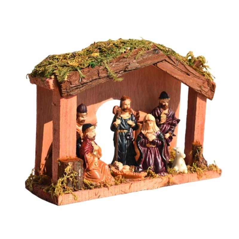 62KD Festive Nativity Manger Scene Resins Birth Statue Figurine Table Decoration for Christmas Celebration