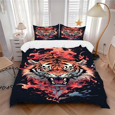 3PCs Tiger Flame Design Design Cover Set, Breathable Fabric, Machine Washable (1 Duvet Cover + 2 Pillowcases) (Without Quilt) Yy250911169