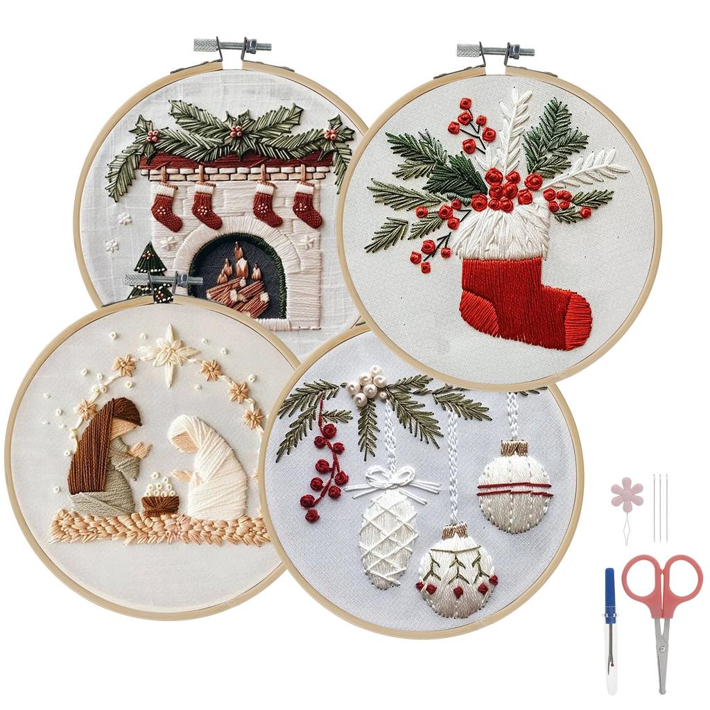 4 Sets Christmas Embroidery Kit with Pattern Needles Threads Hoops and Tools Beginner Embroidery Kit for Adults and Beginners
