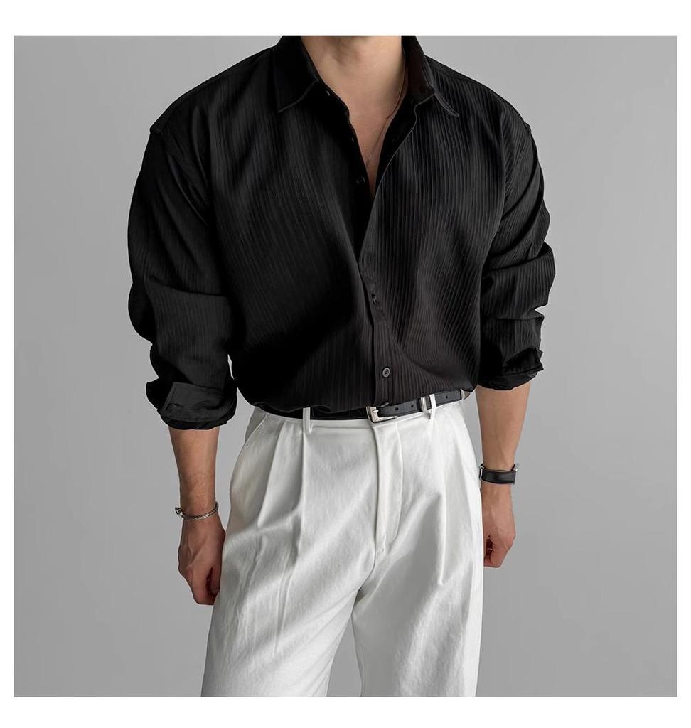 Men's Black Vertical Stripe Long Sleeve Shirt - High-End Casual Business Style, Iron-Free, Button-Down.