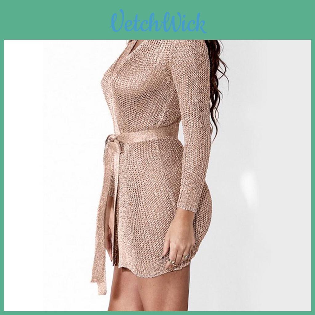 Women Hollow Out Sexy Long Belt Dress Jacket Featuring Knitted Sleeve Stylish Lingerie Dress