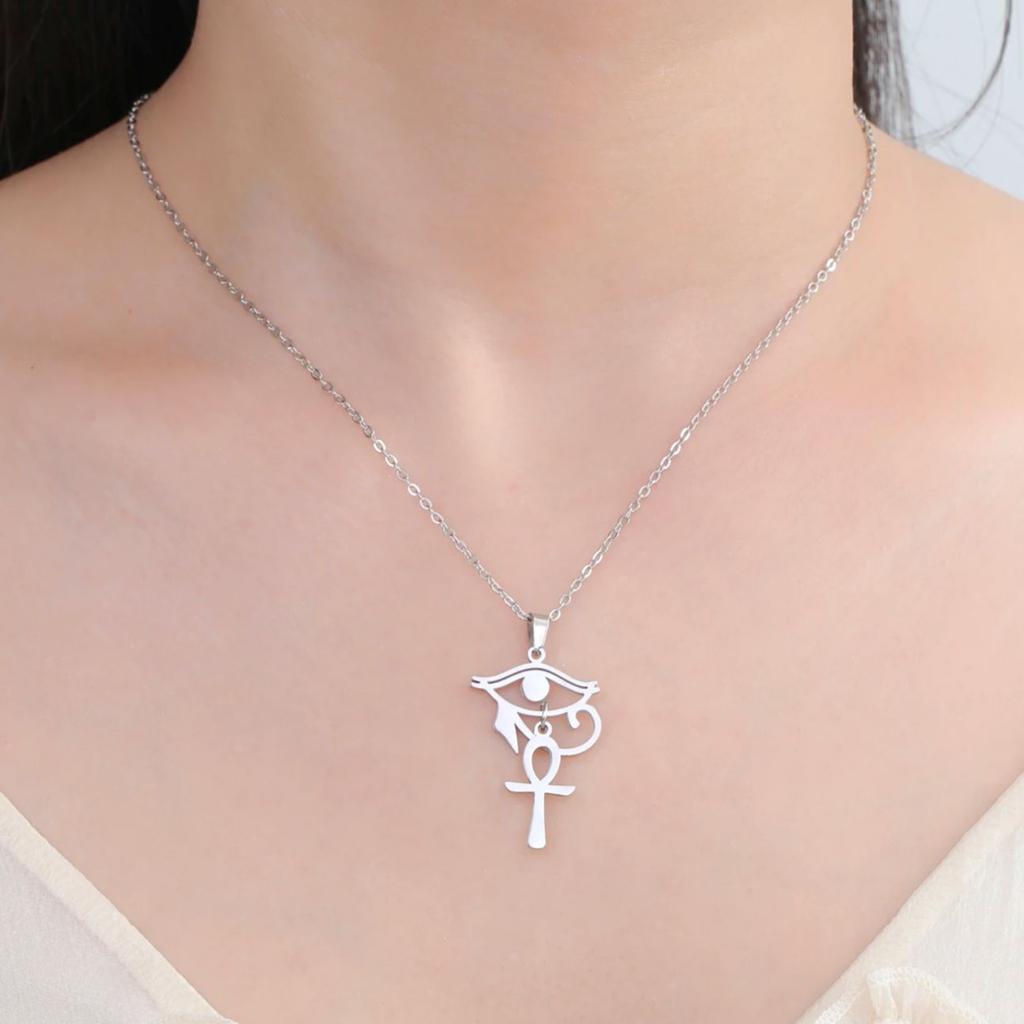 LIKGREAT Egyptian Eye of Horus Ankh Cross Protection Necklace for Women Men Stainless Steel Celtics Knot Amulet Jewelry