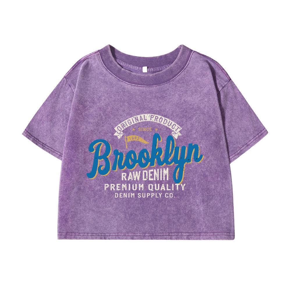 Womans Cotton Crop Tees Regular Fit Distressed Washed T-Shirts 1982 In Brooklyn Letter Prints Short Sleeve Street Clothes