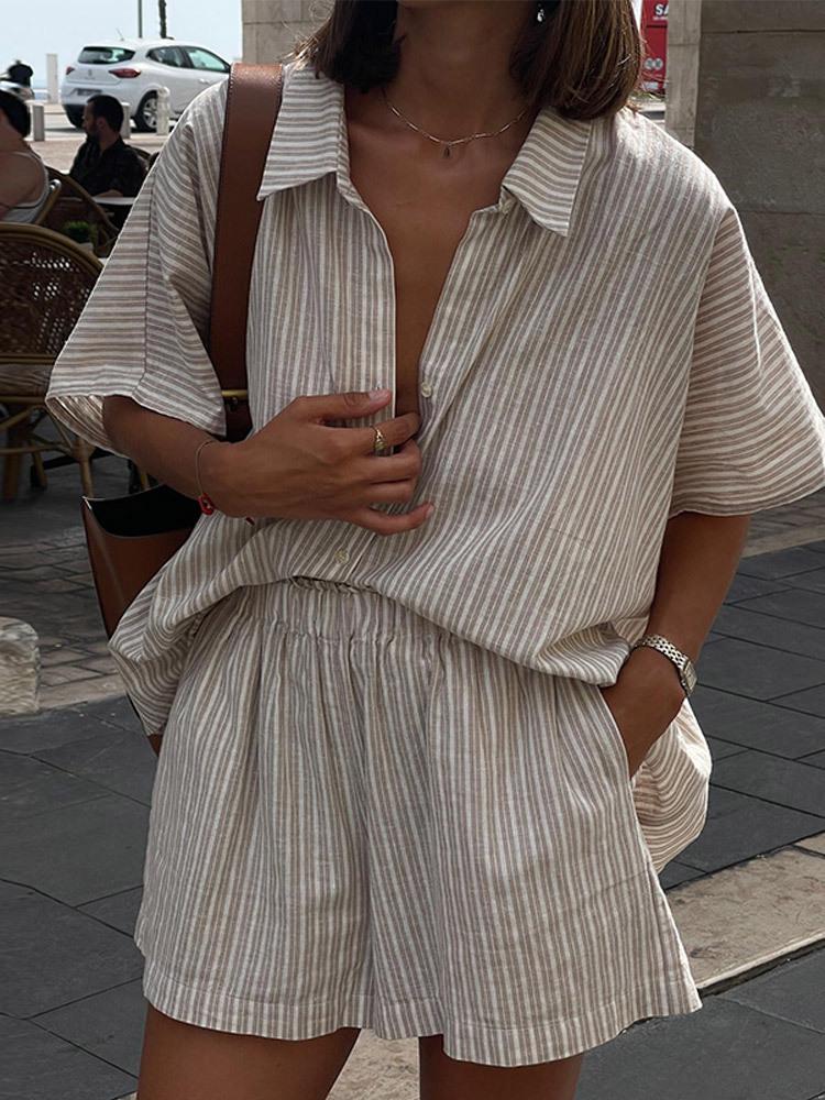 

Женский комплект из рубашки с коротким рукавом в светло-голубую полоску и шорт с аксессуарами, повседневный летний наряд S хаки