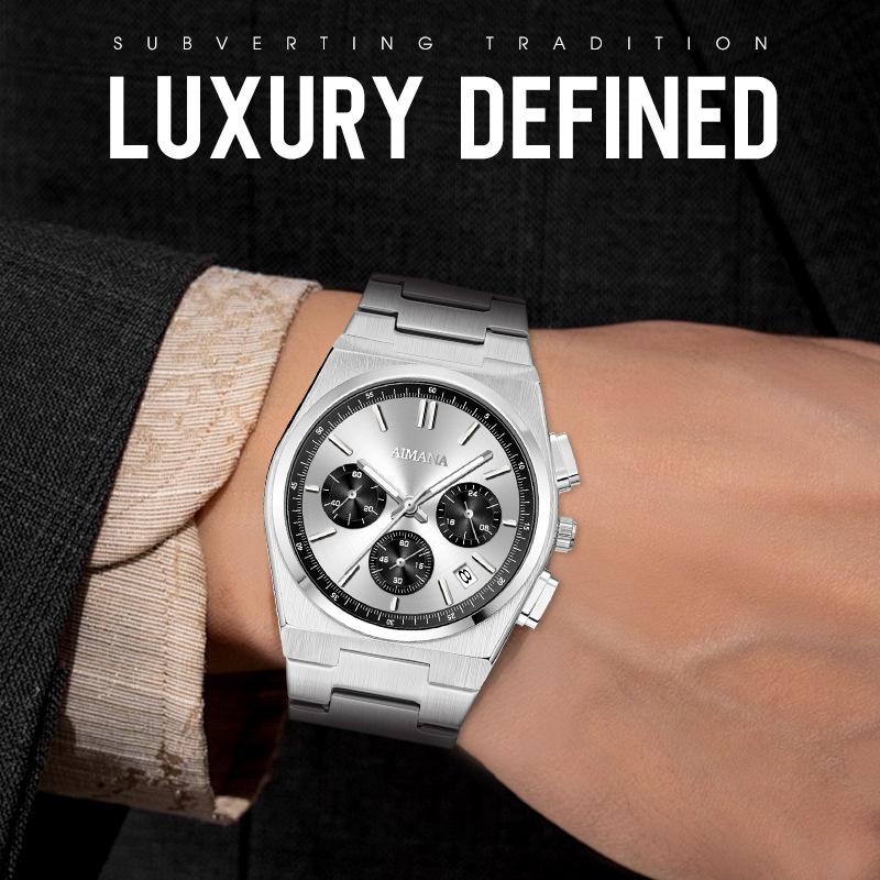 Men Chronograph Quartz Watch with Date Display Stainless Steel Strap Waterproof Fashion Business Male Wrist Watch
