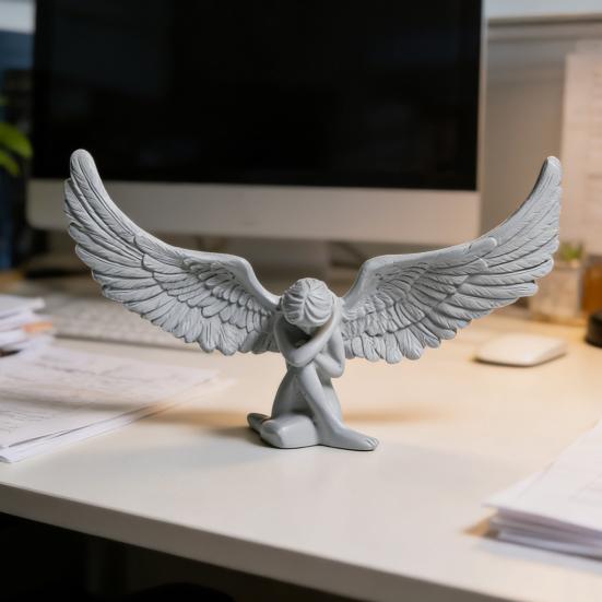 Carving Sitting Angel Figurine European Winged Girl Statue Resin Sculpture Home Office Bookshelf