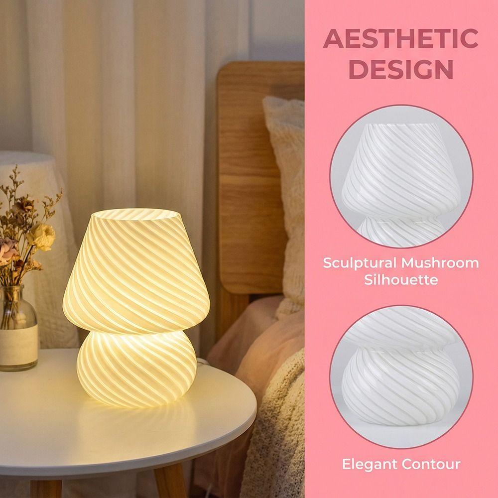 Desk Lamp Ins Style Mushroom LED Lamp Mushroom Glass Bedside Lamp Striped Transparent Night Lamp Decoration