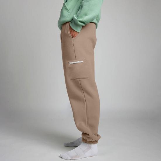 Women Sweatpants Elastic Waist Wide-Leg Casual Trousers with Pockets Solid Color Thickened Plush Lining Sport Sweatpants