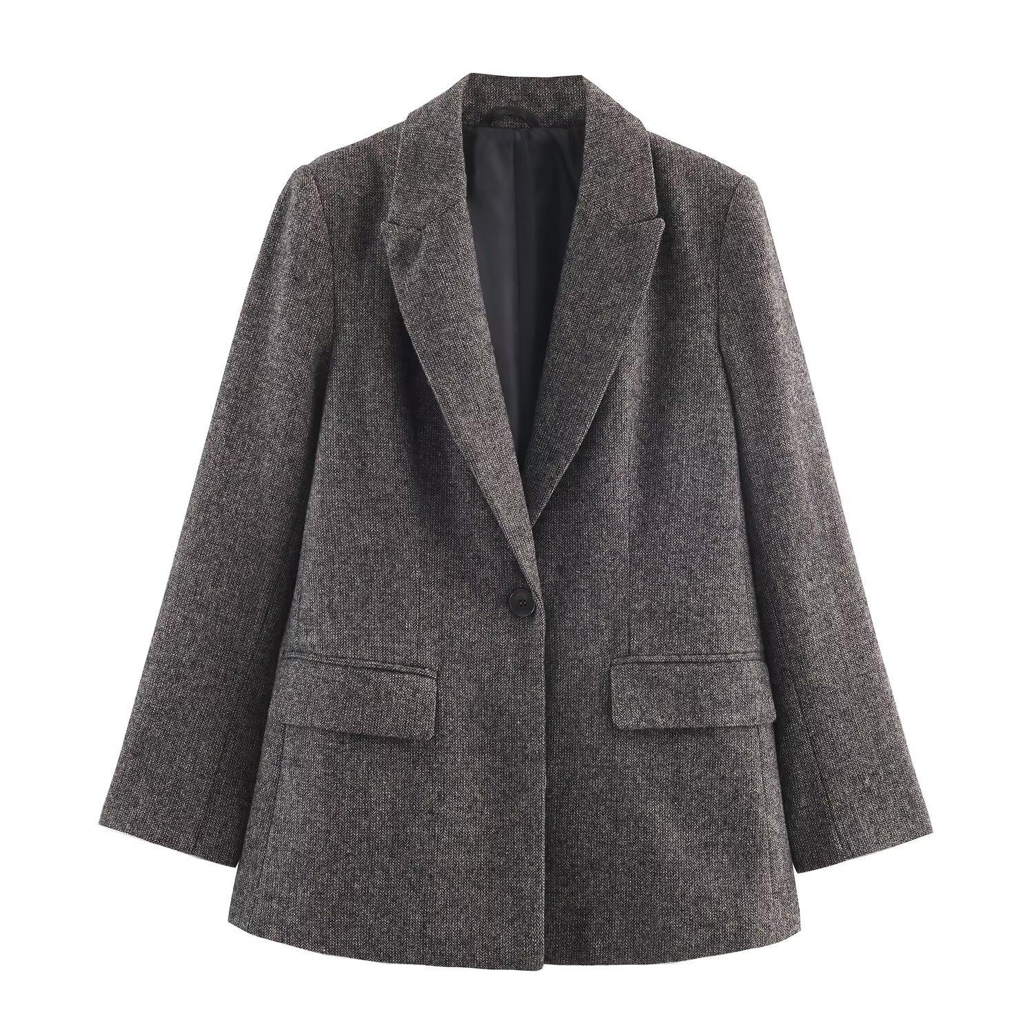 European & American Women s Fashion Casual Herringbone Wool Suit Jacket XS темно-серого