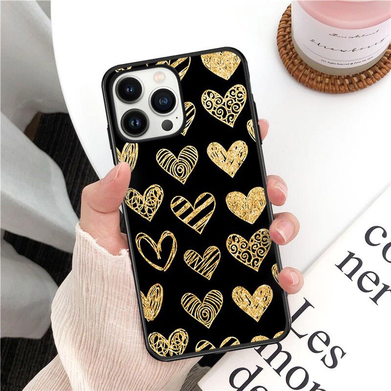 Phone Case For Iphone 14 13 12 11 Pro Max XS XR X 8 7 Plus SE Mobile Phone Cases Gold Rose Love Heart Funda Cell