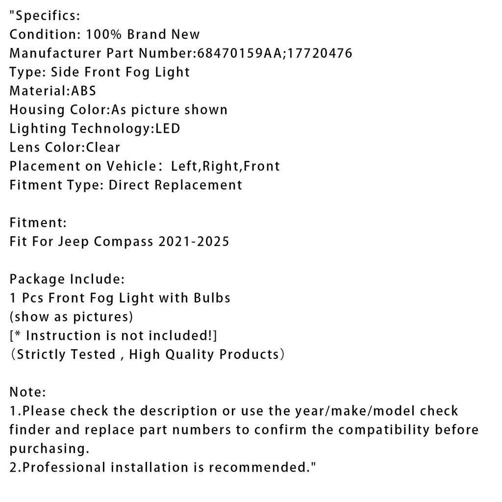 1 Pcs LED Front Driving Fog Light For Jeep Compass 2021-2025 68470159AA