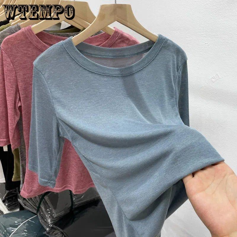WTEMPO Round Collar Solid Thin Short Sleeve T-Shirts Women's Summer Korean Slim Casual All-match Tops Streetwear