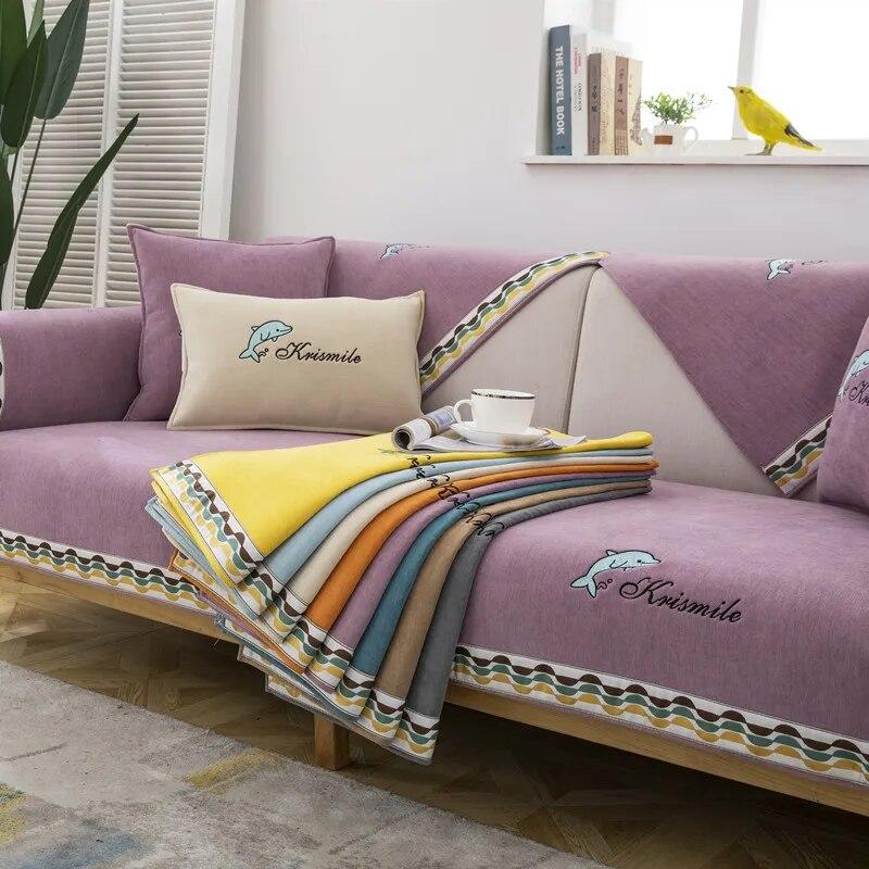 Chenille Dolphin Embroidered Sofa Towel Universal Sectional Solid Color Sofa Cover Modern Anti-slip Couch Cover for Living Room