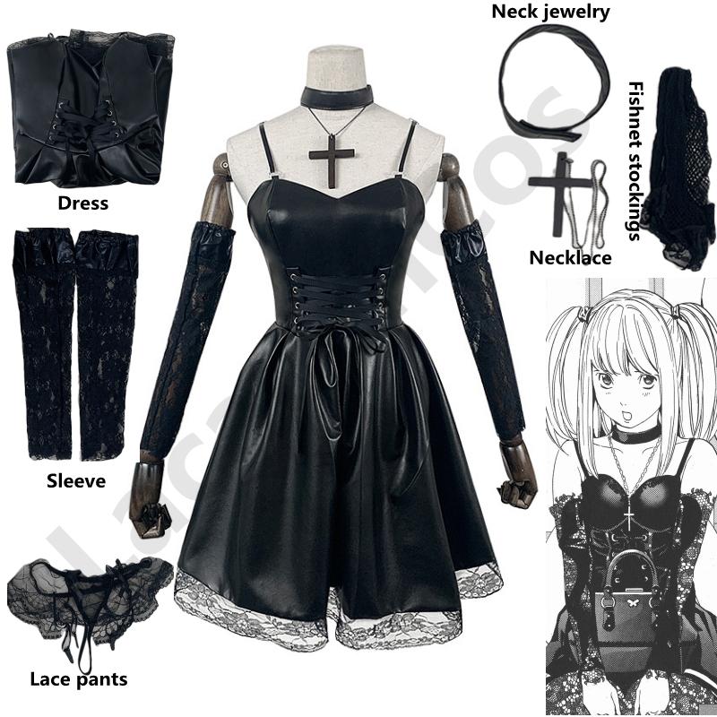 Death Note Cosplay Kostüm Misa Amane Kunstleder Sexy Kleid + Halsschmuck + Strümpfe + Halskette Uniform Outfit Halloween Perücke