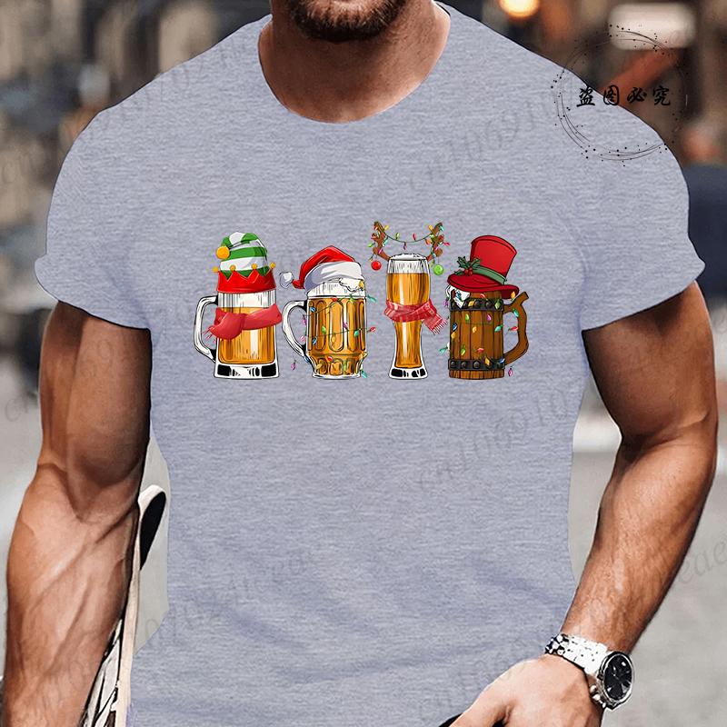 Fashionable Merry Christmas Beer Pattern Men's T-shirt Fashionable Trend Drinking Beer Printed T-shirt Fun Christmas Party Shirt Top