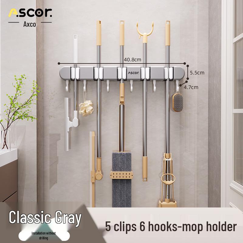 Wieszak ścienny na miotłę i mop: Rozwiązanie do zawieszania bez wiercenia na drzwiach łazienkowych lub toaletowych.