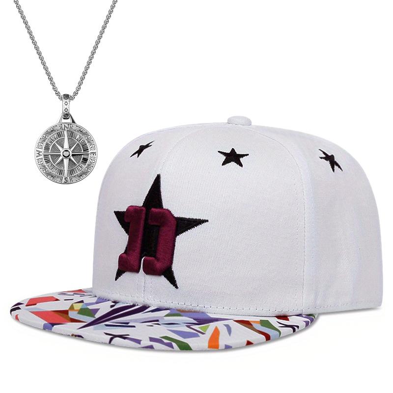 

2 шт. Мужская и женская модная кепка с плоскими полями для отдыха, уличная вышивка, хип-хоп шляпа, ретро-диск, компас, кулон, ожерелье, спортивная пара, солнцезащитная шляпа белый