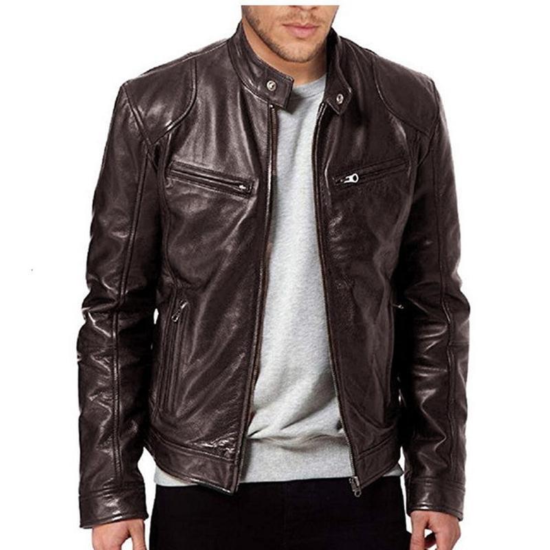 Men's Leather Jacket Autumn and Winter Zipper Pocket Cardigan Men's PU Leather Standing Collar Motorcycle Jacket Leather Jacket