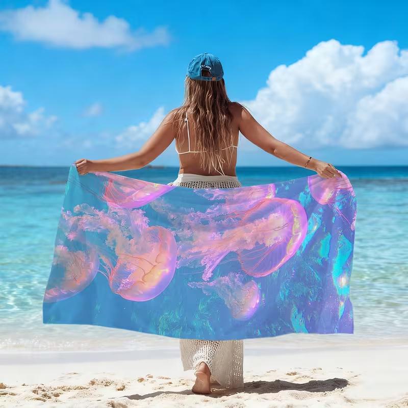 Magical Glowing Jellyfish Print Beach Towel Quick Dry Lightweight Absorbent Ocean Theme Design Towel for Summer Vacation Pool