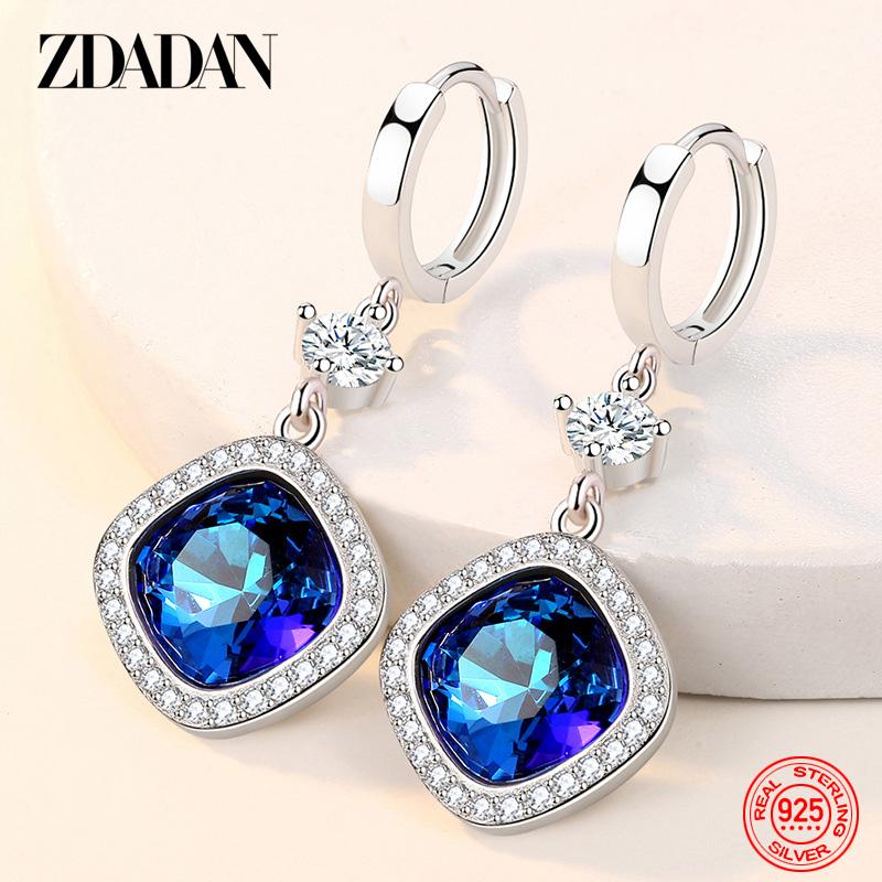 

925 Sterling Silver Blue Crystal Drop Earrings for Women Fashion Wedding Jewelry
