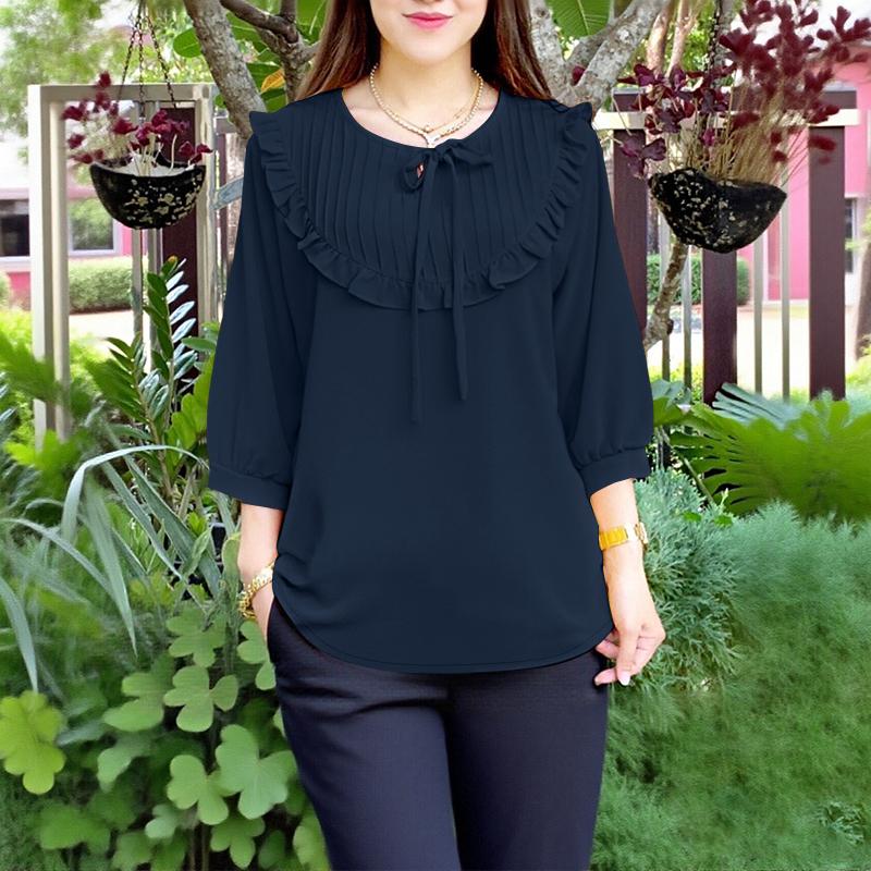 ZANZEA Women Casual Round Neck Solid Color 3/4 Sleeve Loose Blouse