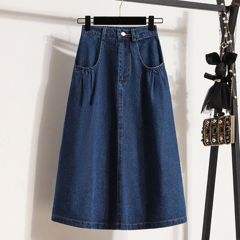 

K-style Plus Size Women s Clothing Chubby Girl Elastic High Waist Hong Kong Style Arts A- line Wash Mid Length Long Length Denim Skirt M-3XL Dark blue 3XL