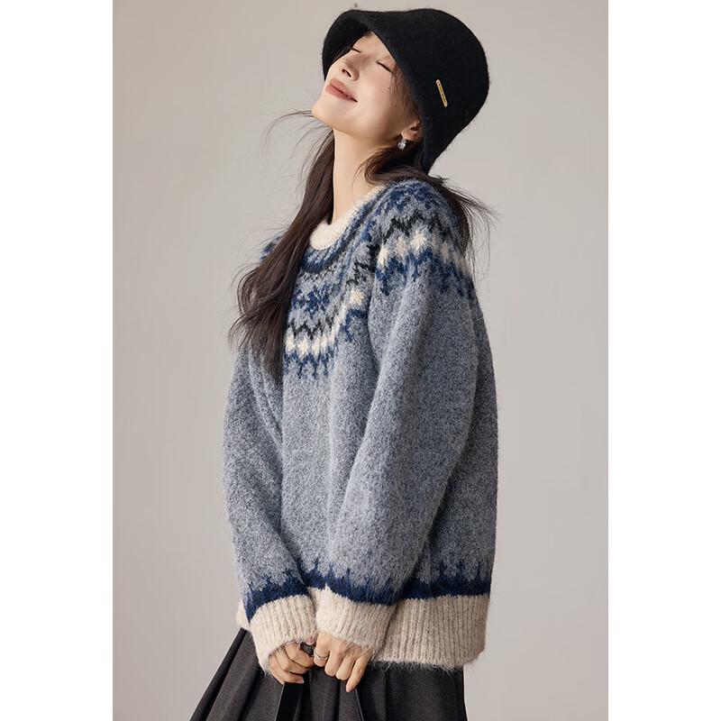 VICTORIA&VERA Women's Fair Isle Jacquard Round Neck Knit Sweater