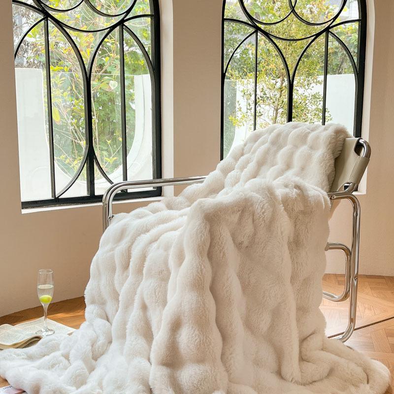 Autumn-Winter Double-Layer Faux Rabbit Fur Plush Nap Throw Blanket Shawl