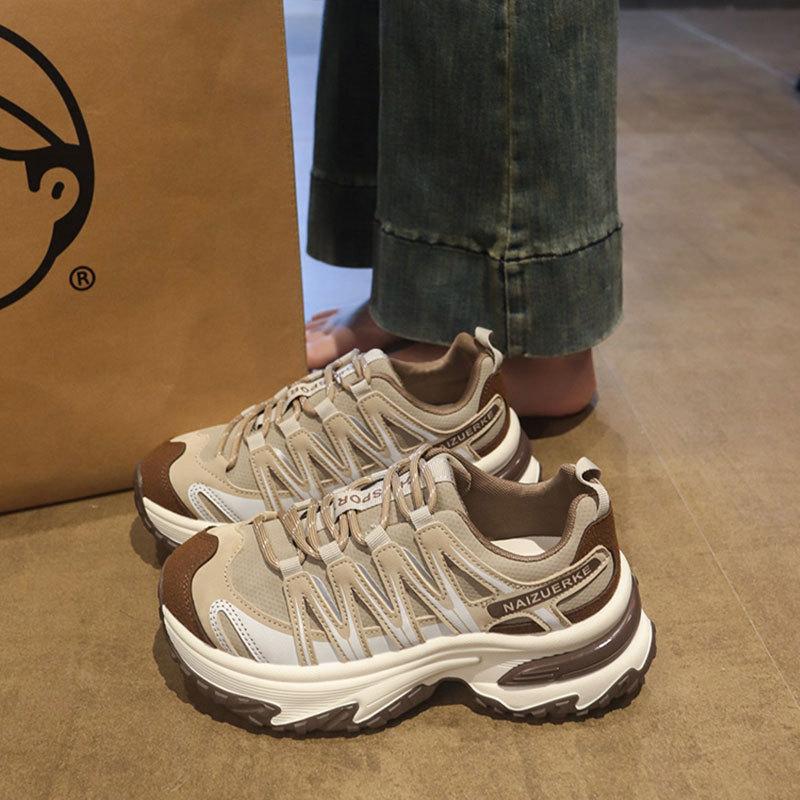 Leather platform mesh sneakers women's shoes 2025 autumn new casual shoes outdoor mountaineering running dad shoes