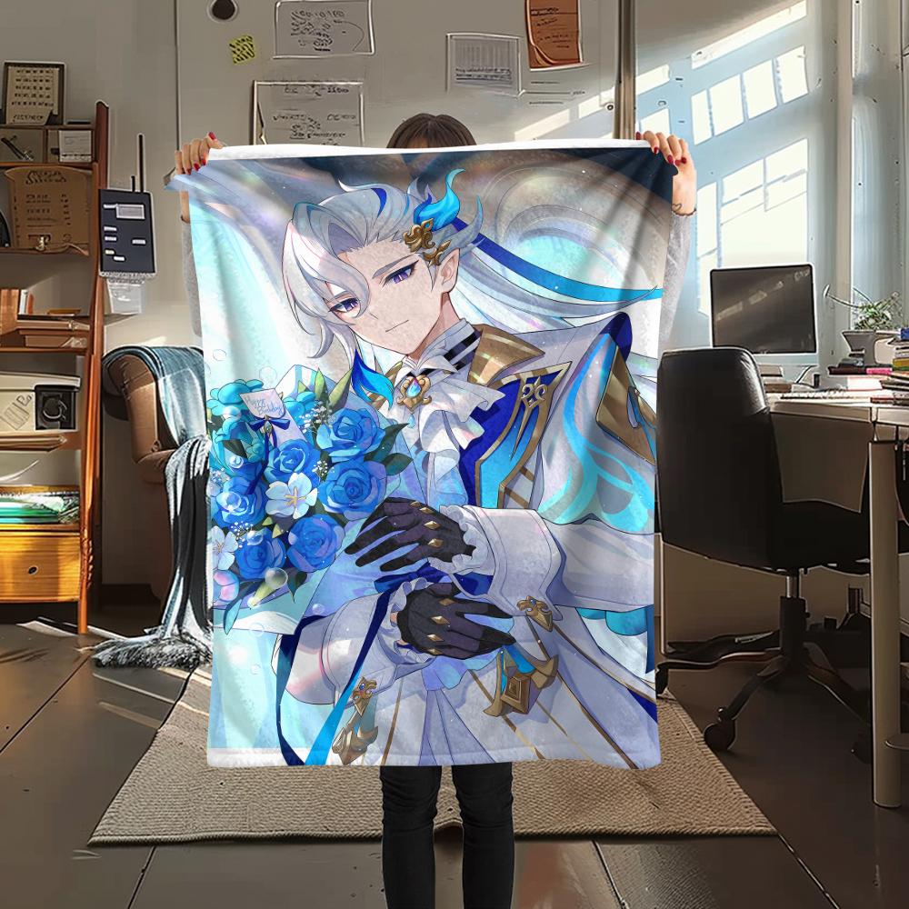 1PC Genshin Print Flannel Blanket, High quality All Seasons, Home Decor, Warmth and Comfort, Perfect for Christmas Gifts