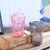 Geprägtes Glas, Herzförmiger Strohbecher, Bürobecher, 480ml Doppelwandiger Kaffebecher, Haushaltsbecher mit Deckel, Trinkwasserbecher