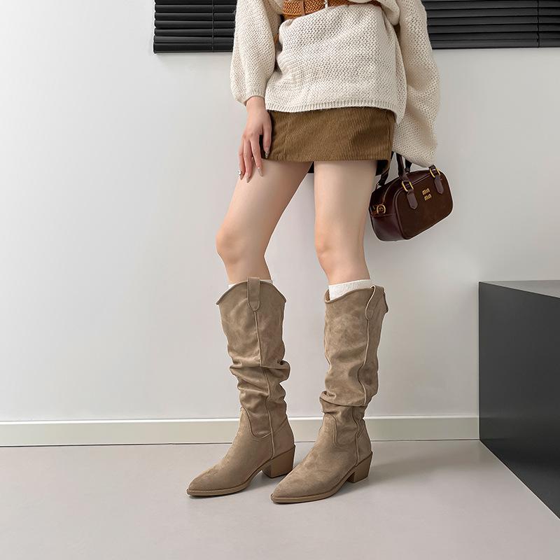 Suede Boots Women's Stacking Boots Autumn and Winter New Thick Heel Pointed V-mouth Thin Tall Western Cowboy Boots Knight Boots