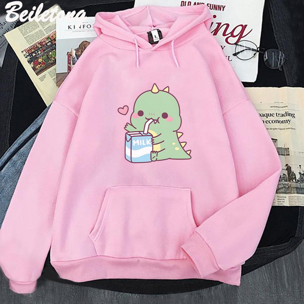 Dinosaur Oversized Tegneserie Dame Genser Hettegenser Søtt Trykk Kawaii Klær for Jente Pullover Casual Morsom Dame Harajuku Varm