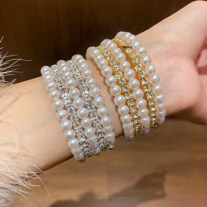European-American Inlaid Diamond Pearl Open Bangle - Exaggerated Niche Design, Light Luxury High-End Bracelet