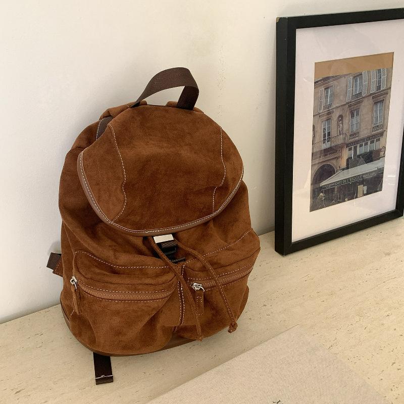 Korean Style Drawstring Flap Backpack Winter Vintage Suede Large Capacity Fashiable Shoulder Versatile Bag Bags for Travel