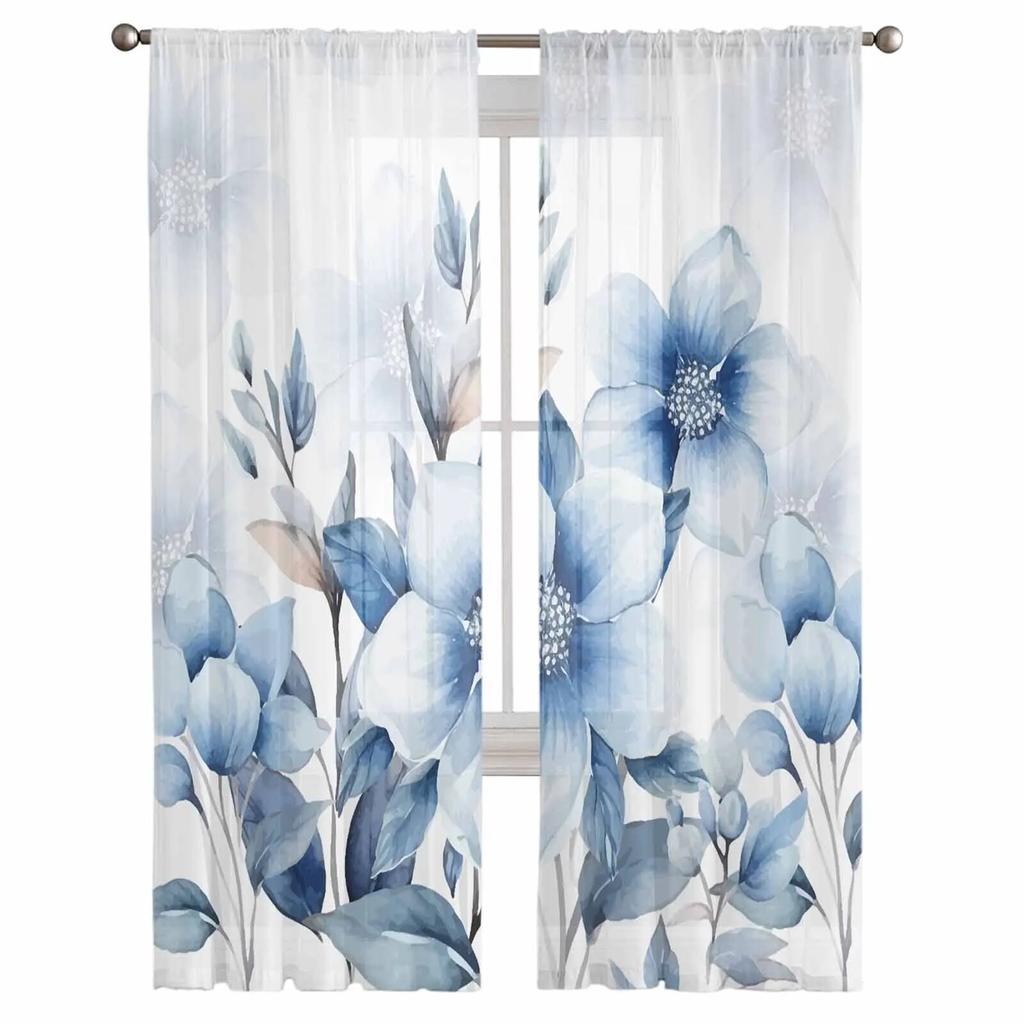 Summer Plants Flowers Watercolor Tulle Curtains for Living Room Sheer Curtain for Bedroom Kitchen Blinds Voile Curtains