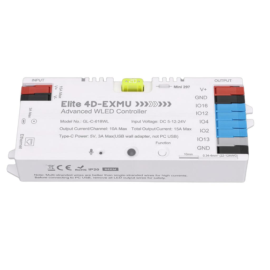 WLED LED Strip Light Controller 4 Output with Ethernet Microphone UART Energy Saving Relay 20A Pluggable Fuse Dynamic