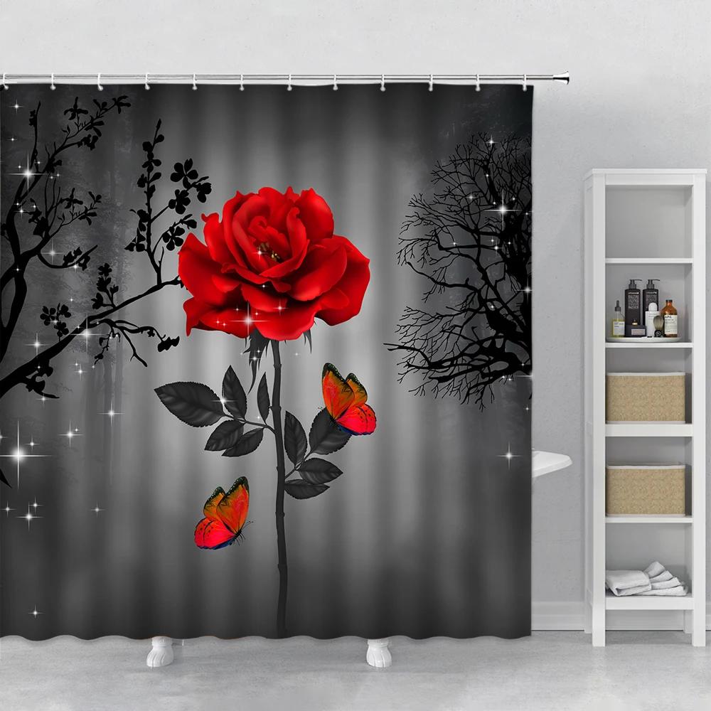 Flower Shower Curtain Set Orchid Teal Rose Plant Floral Leaves Print Bathroom Decor Fabric Bath Curtain Bathtub Accessories Hook