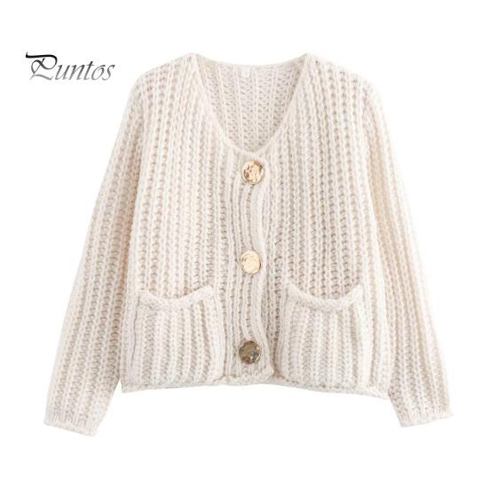 Knit Cropped Cardigan Sweater V-Neck Long Sleeve Buttons Down Loose Fit Sweater Coat with Pockets Solid Color Knitwear
