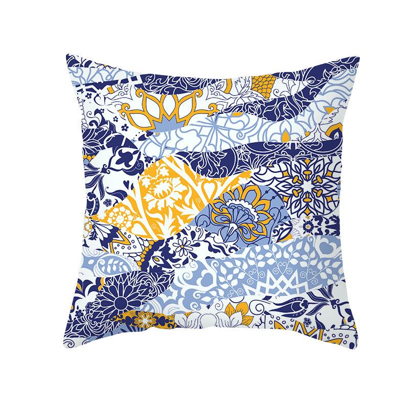 Ethnic Style Sofa Pillow Cover Blue Printed Peach Skin Pillow Cover Office Cushion