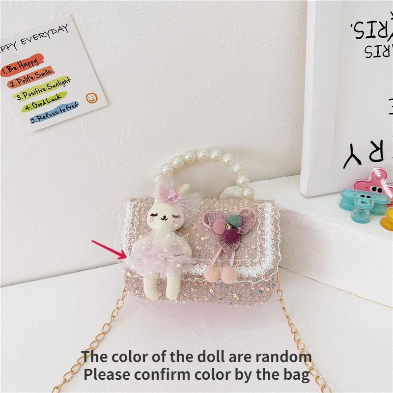 Cute Carto Doll Children's Shoulder Bags Fashi Pearl Handle Princess Girl Messenger Bag Sweet Novel Kid Change Purse Handbag