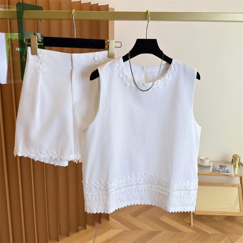 Summer 2025 Women s Chinese Style White Lace Cotton Linen Vest & Shorts Set M белый